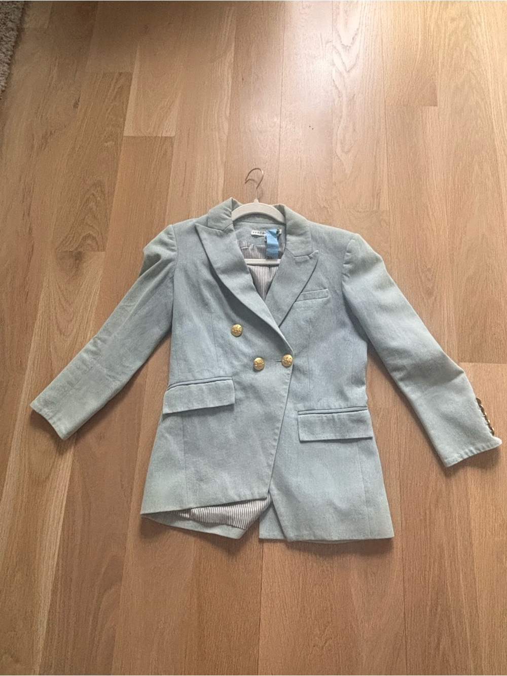 Veronica Beard Pale Blue Double-Breasted Blazer with Gold Buttons
